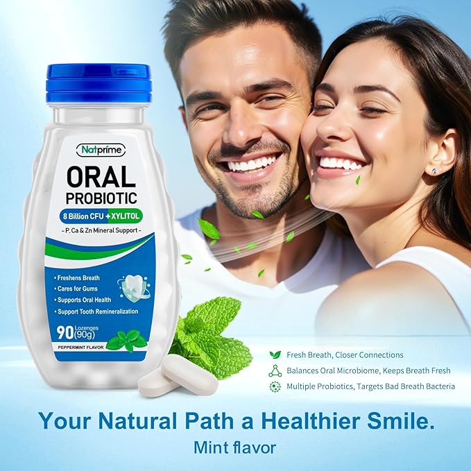 Oral Health Probiotics for Mouth Bad Breath - 8 Billion CFU 6 Strains with Prebiotics & Ca, Dental Probiotics for Teeth and Gums, Fresh Breath, 90 Mouth Probiotic Lozenges for Adults (Mint)