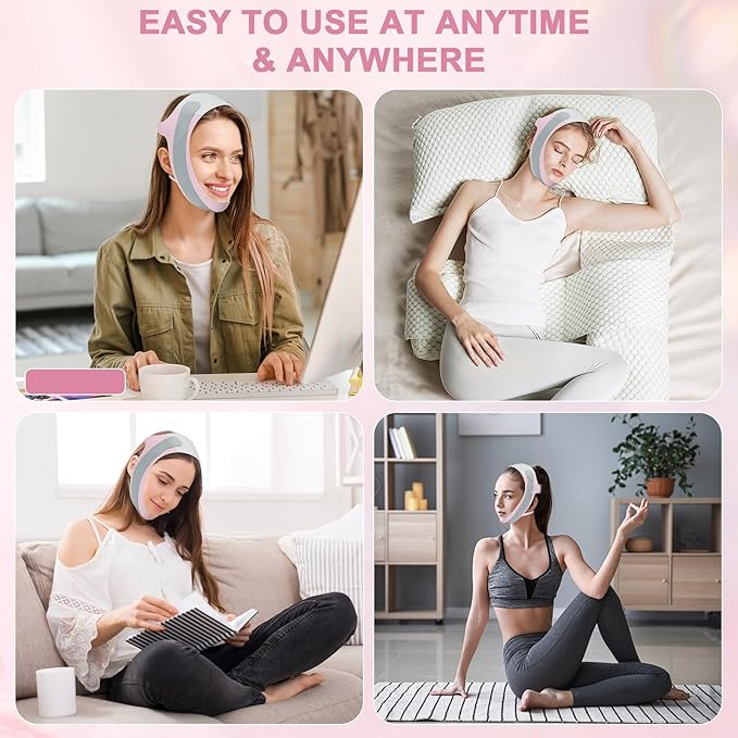 Chin Strap for Sleeping,Anti Snoring Chin Strap for CPAP Users,V-Line Lifting Mask,Adjustable and Breathable Chin Strap-Keep Mouth Closed for Effectively Reduce Snoring (Pink-White)