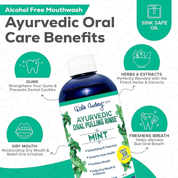 Ayurvedic Organic Mint Sesame Oil Pulling & Remineralizing Tooth Powder | Mint Flavored Organic Oral Rinse Mouthwash | Tooth Powder for Instant Teeth Whitening, Free Bundle Pack-8 FL Oz (Bottle)