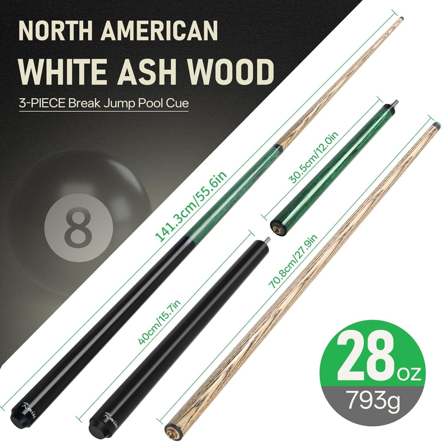 Kmise Break Jump Cue Stick - 21oz 23oz 25oz 28oz Pool Stick for Explosive Breaks and Effortless Jumps, Heavy Hitter Jump&Break Pool Cue with 14mm Pro Breaking Tip, Includes Pool Chalk and Glove