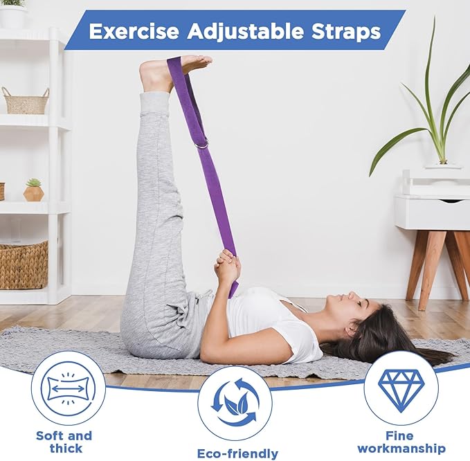 10 Pcs Yoga Strap 8ft Yoga Stretching Exercise Band Stretching Belt with Adjustable Metal D Ring Buckle Loop for Pilates, Dance, Physical Therapy, Gym Workout