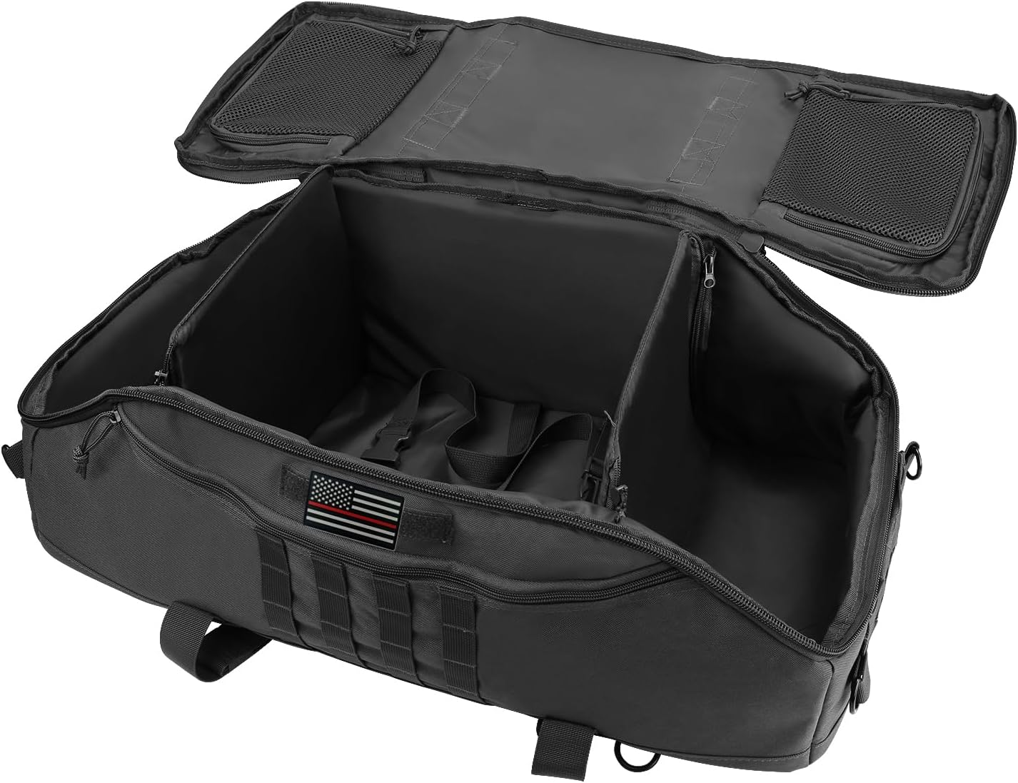 65L Large Duffle Bag, 3-in-1 Tactical Backpack MOLLE Pack for Workout, Sports, Gym, Outdoor, Black Red Patch