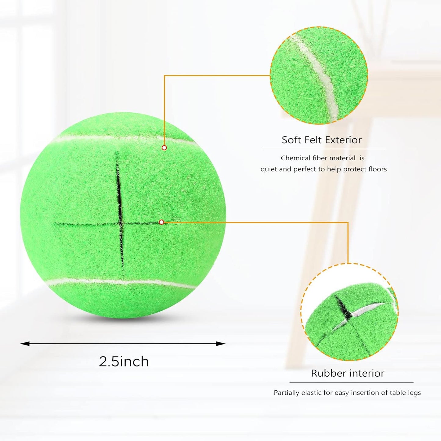 Macarrie 16 Pieces Precut Tennis Balls for Chairs Tennis Ball Chairs Foot Covers for Furniture Leg for Classroom Floor Protection Chair Desk Legs Coverings(Light Green,6.4 cm)