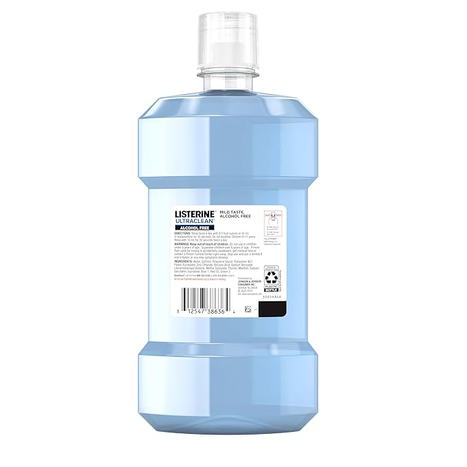 Listerine Ultraclean Alcohol-Free Tartar Control Mouthwash, Oral Rinse Fights Stain Build Up to Help Keep Naturally White Teeth, Less Intense Arctic Mint Flavor, 1L