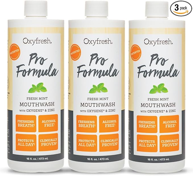 Oxyfresh Pro Formula Fresh Mint Mouthwash – Patented Zinc Mouthrinse for Fresh Breath, Healthy Gums & Bad Breath Treatment for Adults - Dye, Fluoride & Alcohol Free (16 oz Pack of 3)