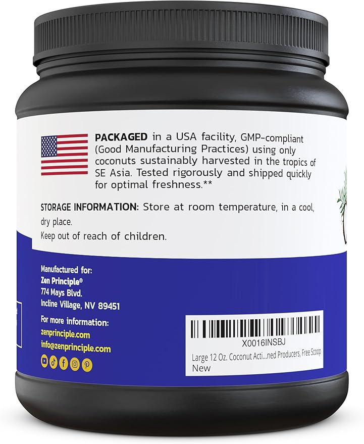 Zen Principle Coconut Activated Charcoal Powder. Whitens Teeth, Rejuvenates Skin and Hair, Supports Better Digestion. USA-Owned Producers, Free Scoop, 12 Oz