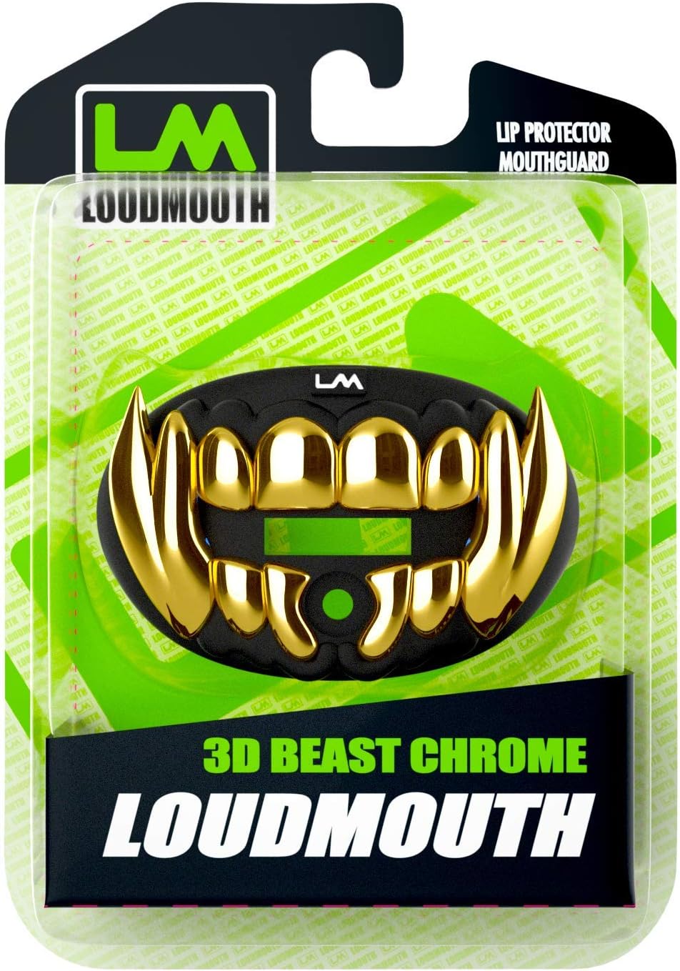 Loudmouth Football Mouth Guard - 3D Chrome Beast Football Mouthpiece, Fits Adult & Youth Ages 5+, Accessories Mouth Guard (3D Beast - Chrome Black/Gold)