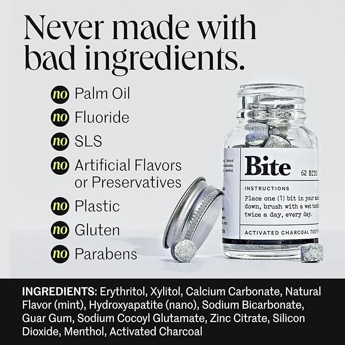 Bite Whitening Toothpaste Tablets – Nano Hydroxyapatite & Xylitol (Mint Charcoal) | Sensitive Teeth Friendly | No Fluoride, Vegan, Cruelty-Free | Travel-Size | 2 Bottles (124 Bits) | Made in USA