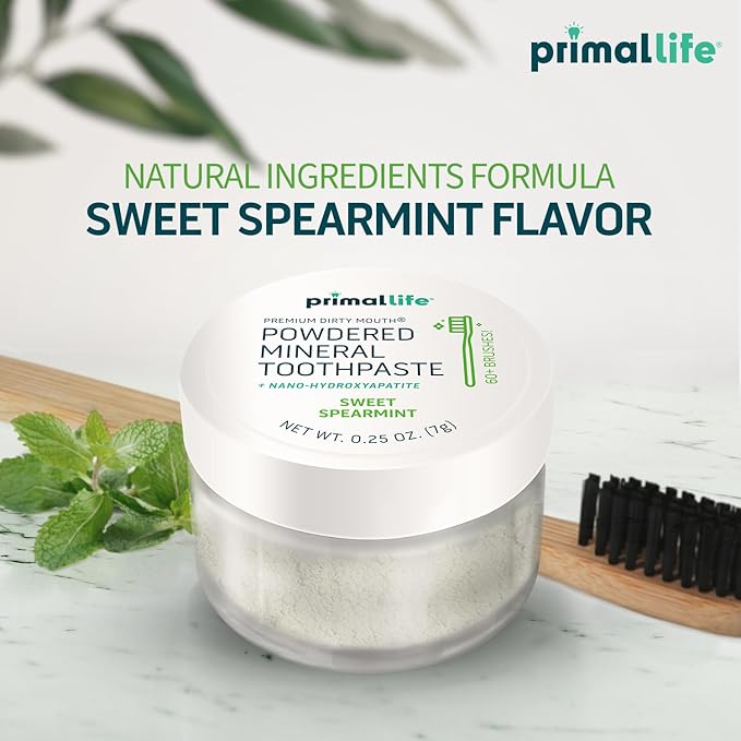 Primal Life Organics - Dirty Mouth Toothpowder, Tooth Cleaning Powder, Flavored Essential Oils with Natural Kaolin & Bentonite Clay, Good for 60+ Brushings, Organic, Vegan (Sweet Spearmint, 0.25 oz)