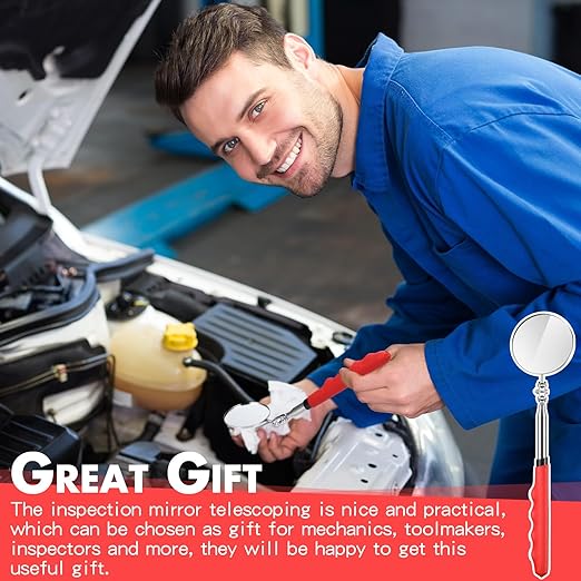 1 Pcs Telescoping Inspection Mirror Mechanics Automotive Tool with Long Handle Extendable Mirror on a Stick for Technicians Mechanics Contractors Checking Observation(Red,Round)