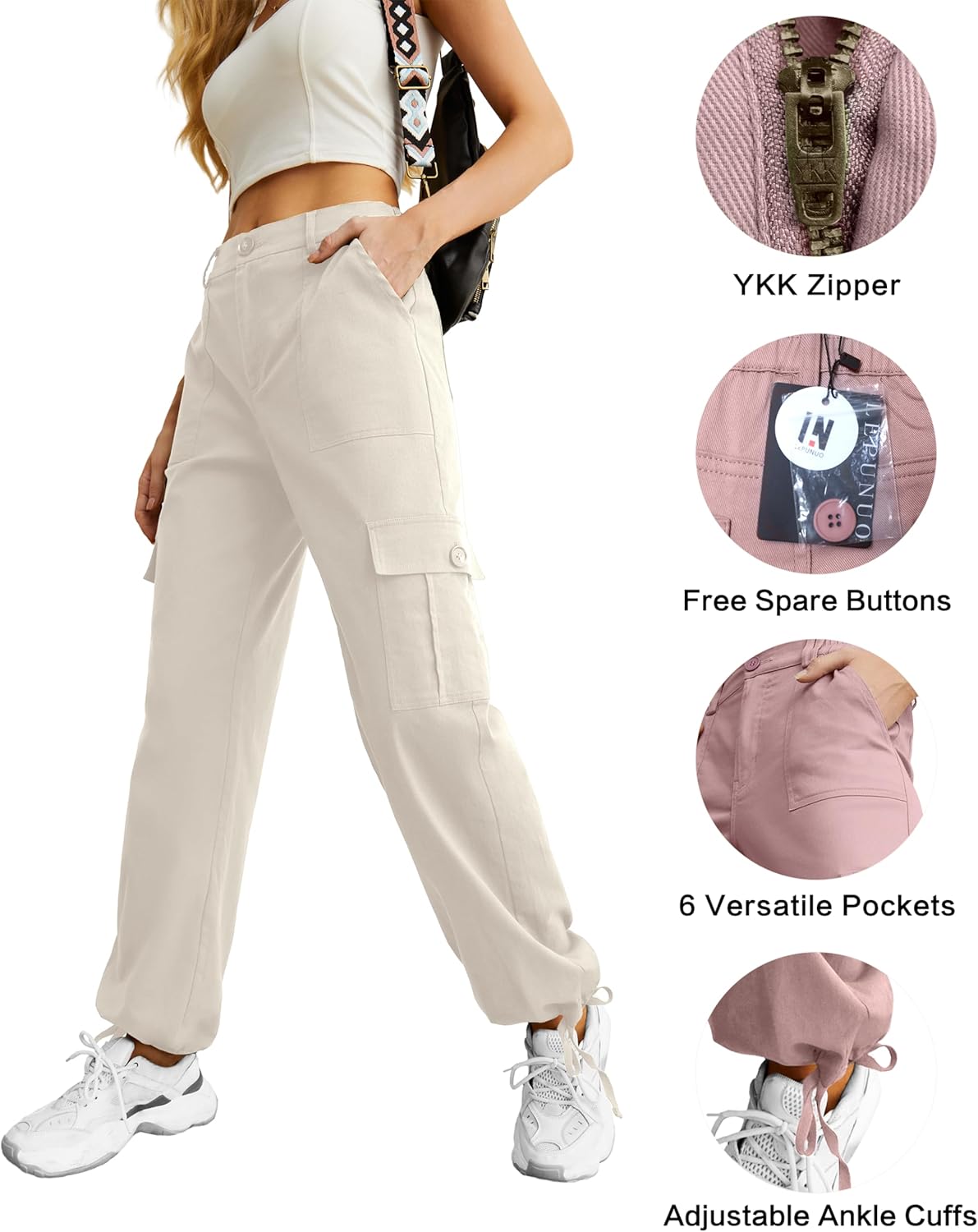 Lepunuo Women's High Waisted Cargo Pants Travel Y2K Streetwear Baggy Stretchy Pants with 6 Pockets Drawstring Ankle Cuffs