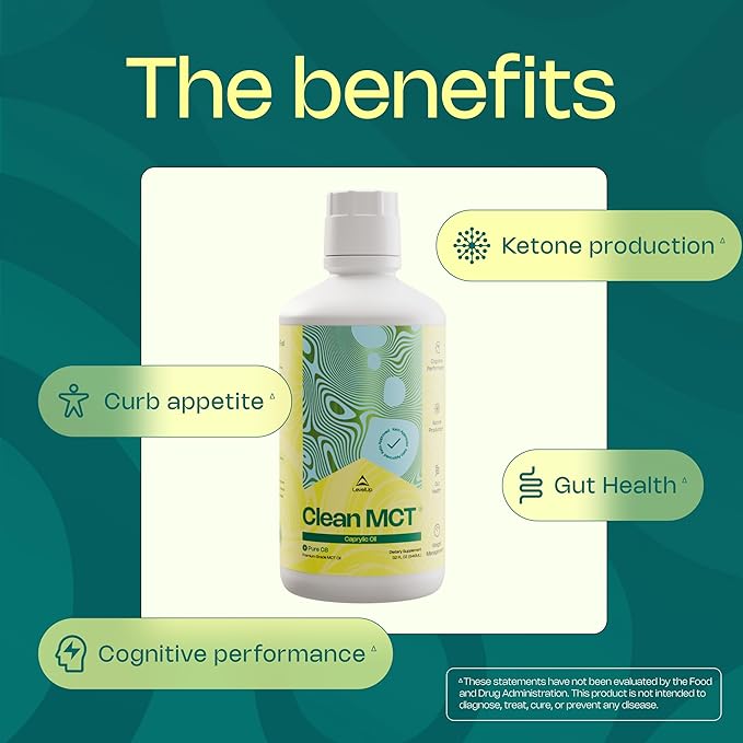 LevelUp Clean MCT Oil - 100% Caprylic C8 for Energy, Focus, Weight Management, Gut Health, Brain Superfuel - Keto Supplement for Ketogenic Coffee and Ketones - Non-GMO (32 oz)