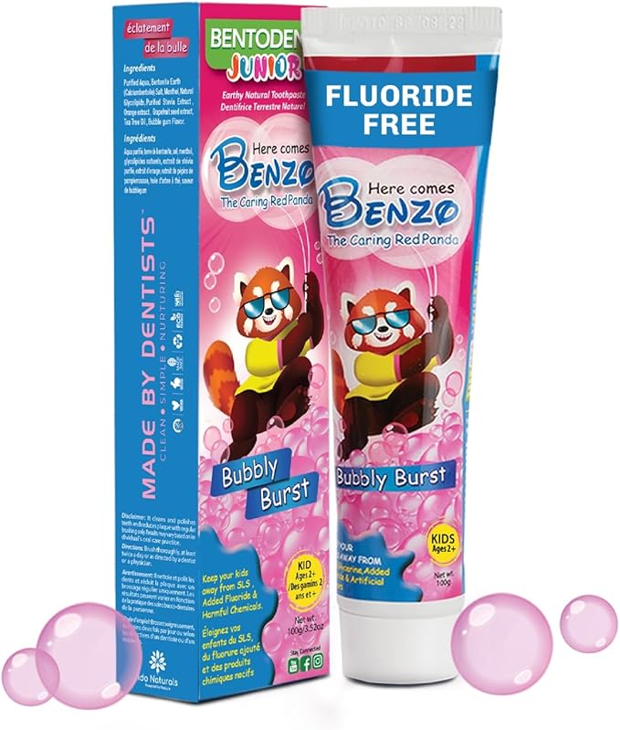 Bentodent Kids Fluoride Free Toothpaste - Natural Calcium Bentonite Clay, SLS Free, Fresh Breath, Gentle Whitening, Vegan, Travel, 3.52oz (Bubble Gum)