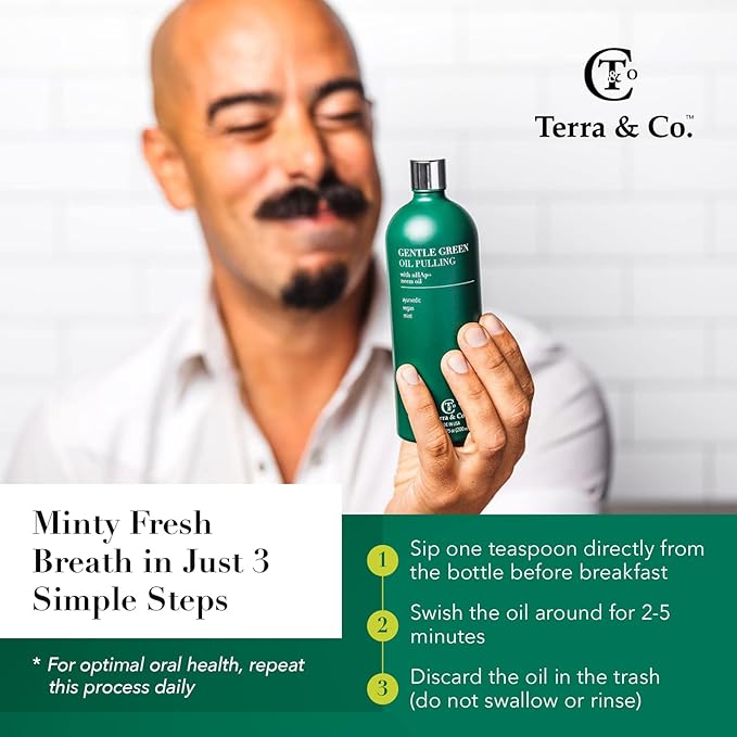 Terra & Co. Gentle Green Oil Pulling for Teeth and Gums - Vegan Natural Mouthwash No Alcohol or Fluoride to Improve Oral Health - Made with Cold Pressed Plant Oils and Nano Hydroxyapatite | 6.75 oz