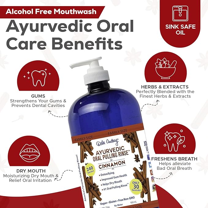 Organic Oil Pulling for Teeth and Gums | Natural Cinnamon Flavored Oral Rinse Mouthwash | Essential Oils for Bad Breath | Ayurvedic Oil Pulling for Whitening Teeth & Fresh Breath, Family Size-32 FL Oz