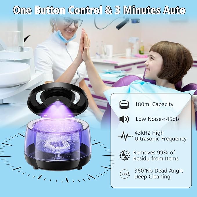 Ultrasonic Retainer Cleaner, 43kHz Ultrasonic Denture Cleaner Jewelry Cleaning Machine Eyeglass Cleaner for Watches Dentures Ring Razor Makeup Brush
