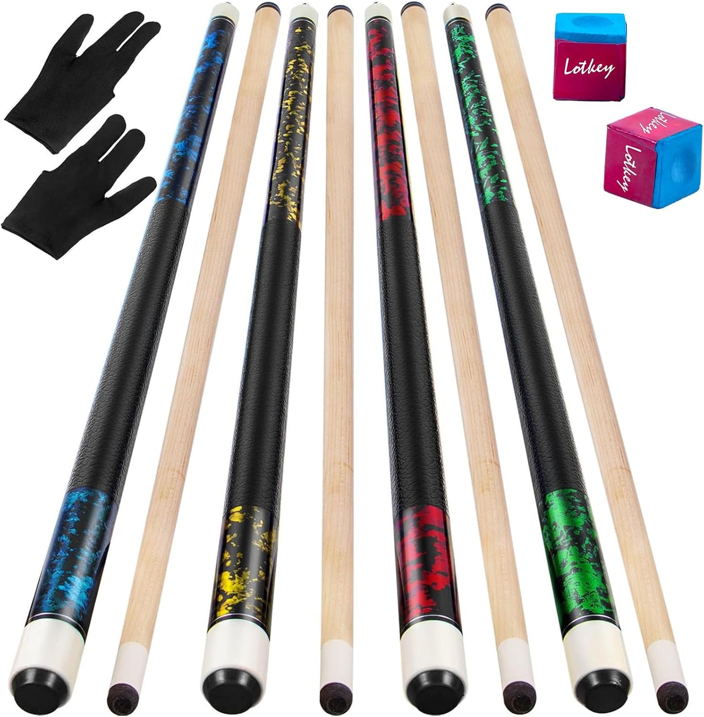 LOTKEY Pool Cue Set of 4-58 Inch 18~21 oz Canadian Maple Professional Billiard Cue Sticks, Pool Cue Stick with Extra 2 Pool Chalks, Pool Sticks for Adults, Durable, for Billiard Players