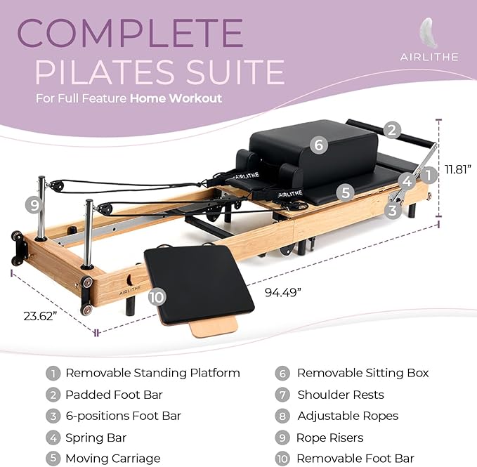 Airlithe Foldable Pilates Reformer Machine|Wooden Frame Reformer Machine with Strings, Versatile Accessories & 50+ Expert-Guided Workouts|Equipment for Strength Training, Rehabilitation, & Flexibility
