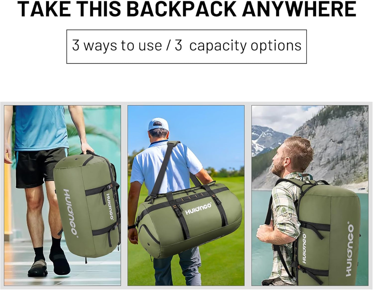 40L/60L/90L Large Waterproof Duffle Bag Backpack for Men, Mens Duffel Backpack Bags for Traveling, Heavy Duty (Green, 60L)