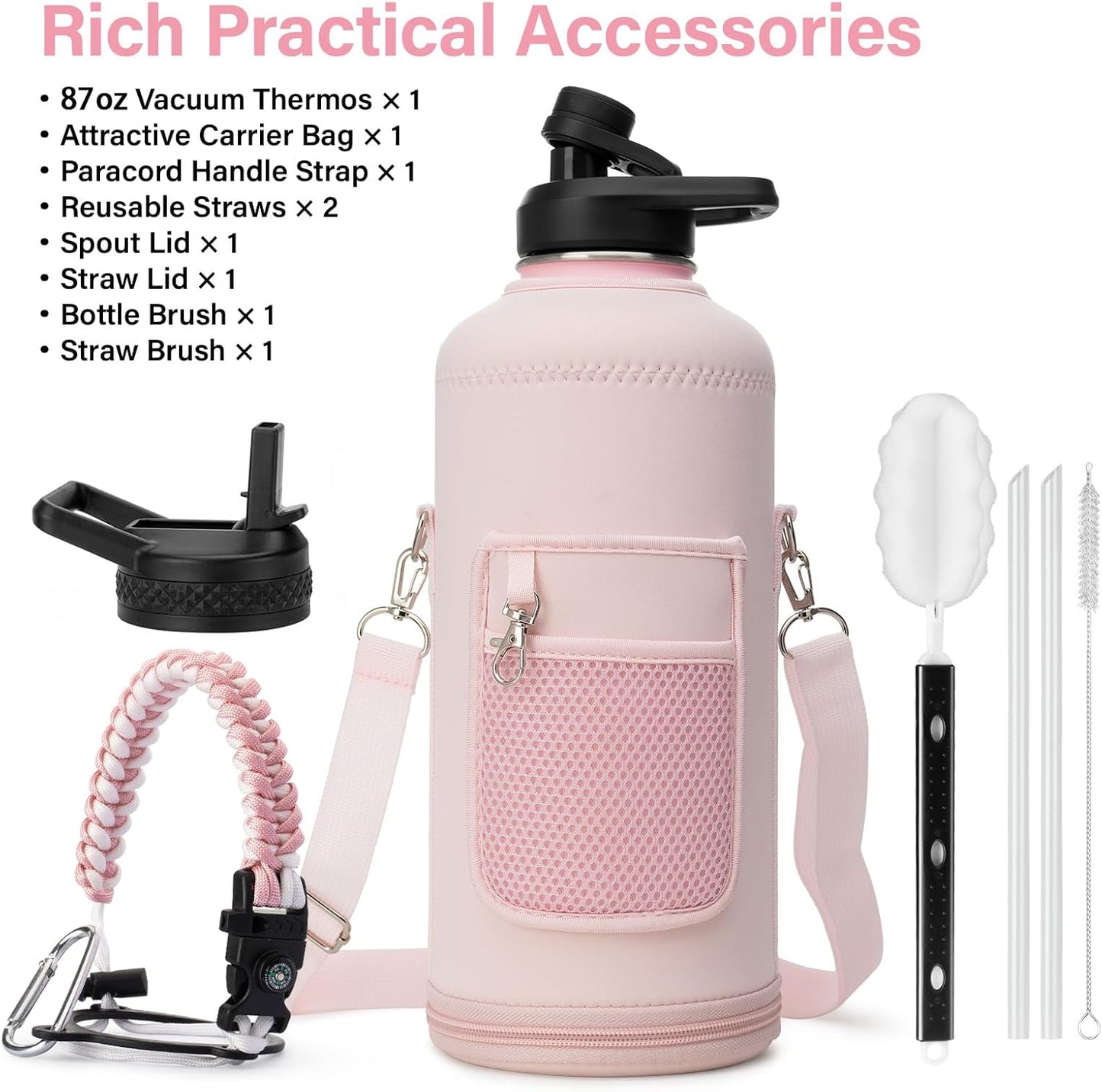 Insulated Water Bottle | Thickened Stainless Steel for Gym and Hiking with Straw, Carrier Bag, Handle Strap | BPA-Free 87 oz