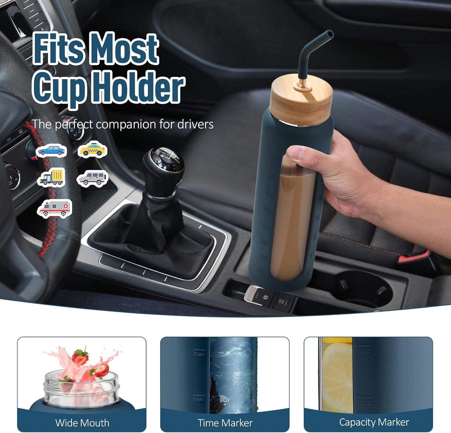 Kodrine Water Bottle with Straw, 24 oz Glass water Bottle with 2 Lids Bamboo Straw Lid and Spout Lid with Handle, 32 oz Clear Water Bottle Glass for Sports Travel, Waterbottle with Time Marker