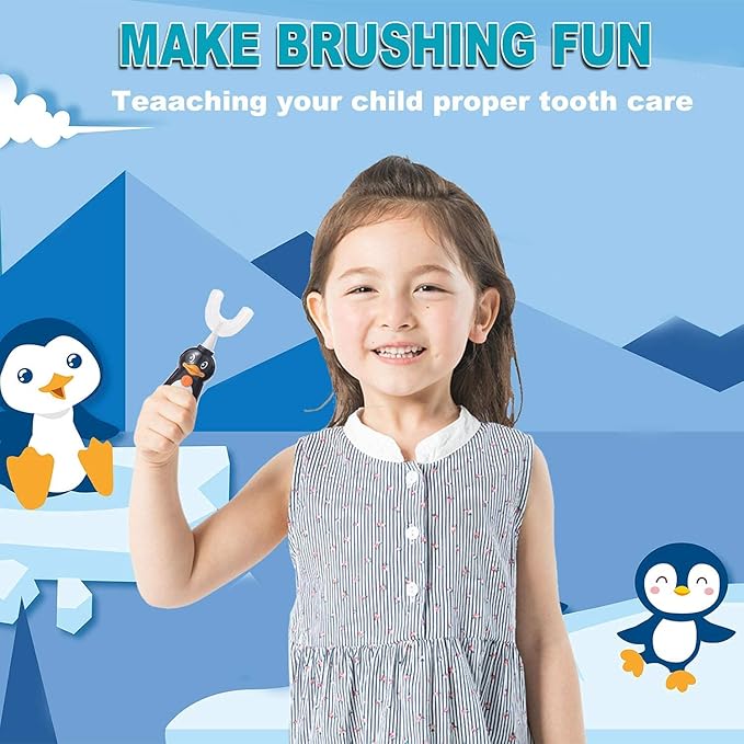 Kids Electric Toothbrush, U-Shaped Automatic Toothbrush,360° Cleaning with Three Types of Brush Heads,Large for 7-12 Years,Cartoon Modeling,Black,1 Pack