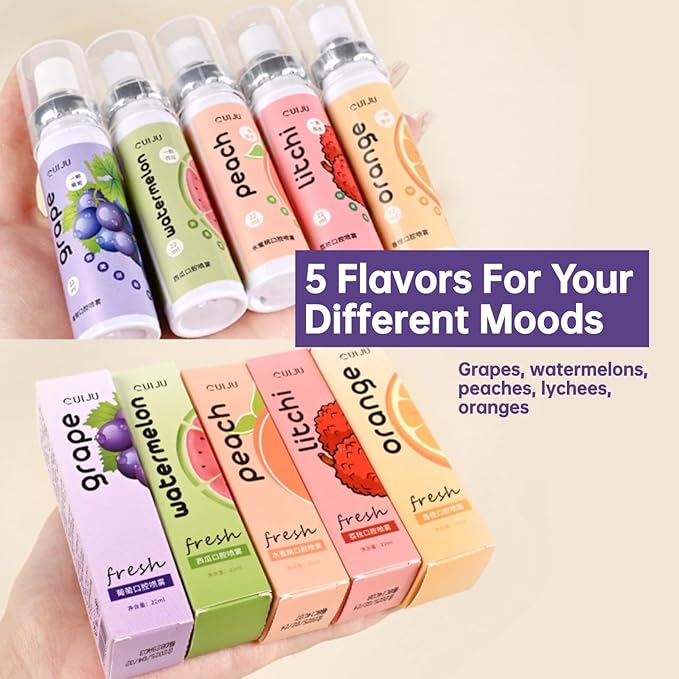 5PCS Oral Breath Spray, Natural Fresh Fruit Breath Freshener Spray, Portable Refreshing Cool Fresh Mint Dry Mouth Spray Bad Breath Treatment Oral Odor Care Spray for Adults