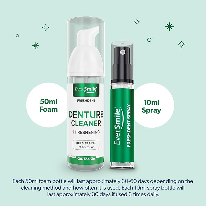 EverSmile FreshDent Denture and Partial Denture Cleaner + Teeth Whitening Spray and Foam– Travel Size Alternative to Cleaning Tablets That Eliminates Bacteria and Fights Bad Breath – 50ml + 10ml (4pk)