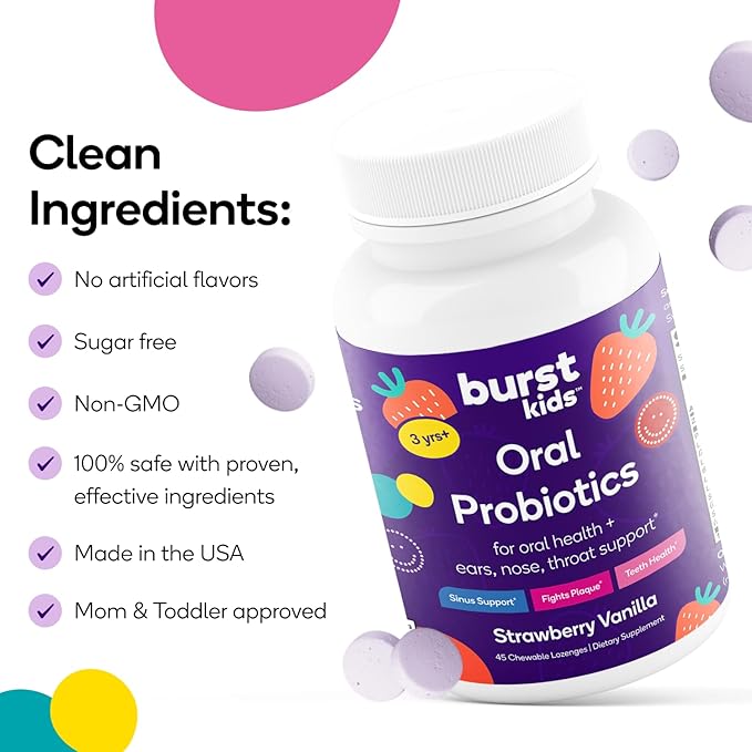 Burst Kids Probiotics (Strawberry Vanilla) | 45 Chewable Lozenges for Kids 3+ | Dental Probiotics to Support Oral, Ear, Throat & Respiratory Health | 3 Billion CFUs | Safe Ingredients | Made in USA
