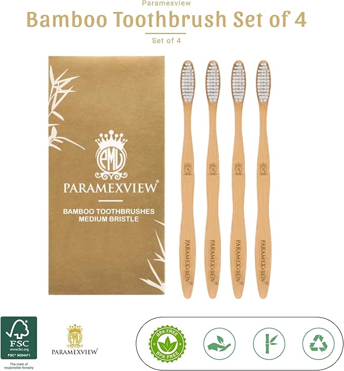 Paramexview® Natural Bamboo Toothbrushes Set of 4 | BPA-Free Medium Bristles, Eco-Friendly | Biodegradable Handle, Charcoal Infused and Organic Base (White)