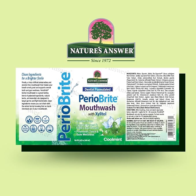 Nature's Answer Periobrite Cool Mint All-Natural Mouthwash | Promotes Healthy Teeth & Gums | Fights Bad Breath | Flouride-Free, Alcohol-Free & Gluten-Free | No Articial Preservatives 16oz (2 Pack)