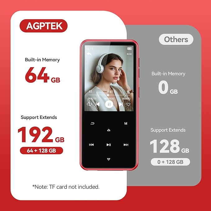 AGPTEK 64GB MP3 Player with Bluetooth, M3 2.4 inch Music Player with Speaker and FM Radio, Touch Buttons, Supports Up to 128GB (Black Red)