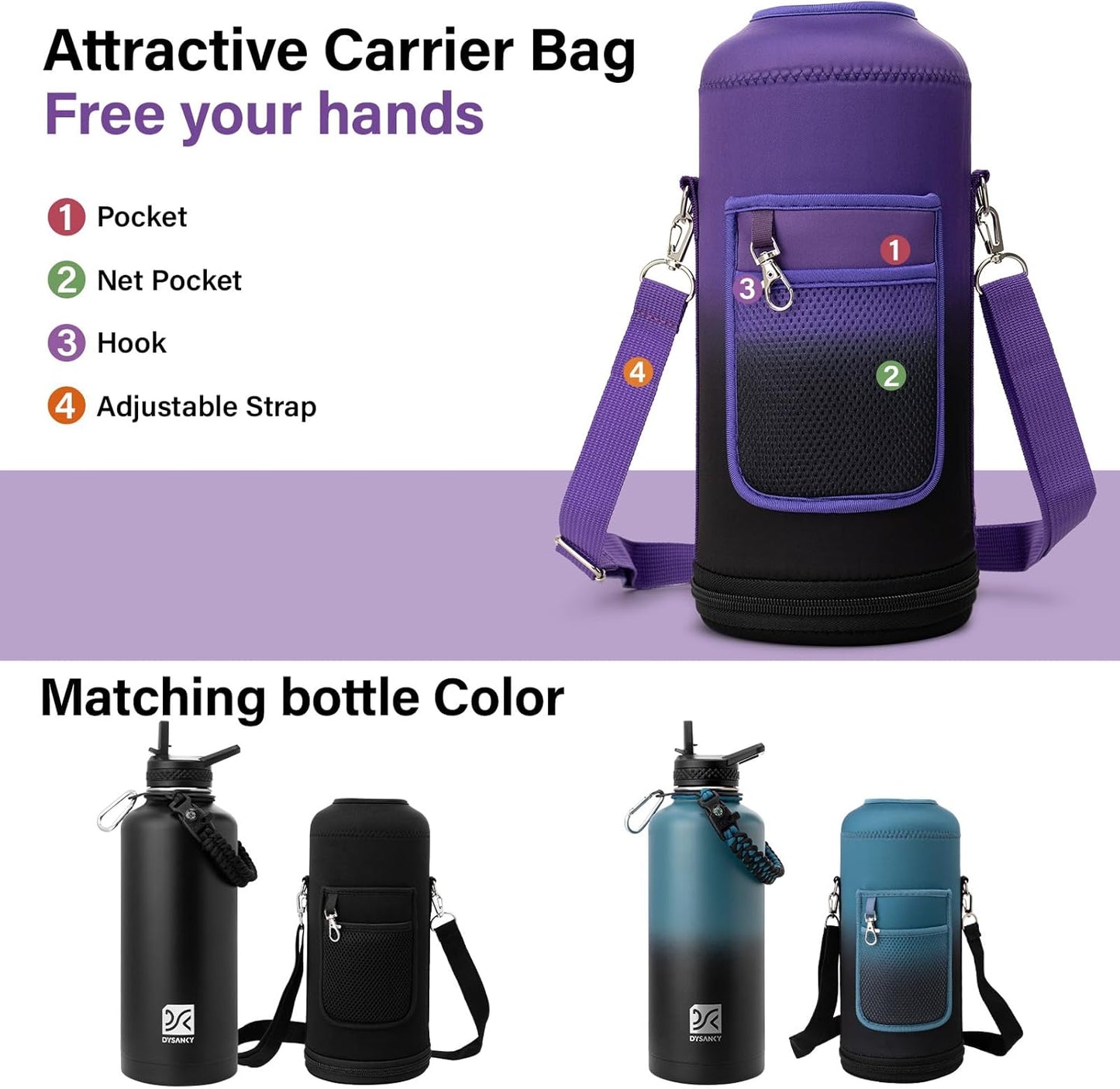 Insulated Water Bottle | Thickened Stainless Steel for Gym and Hiking with Straw, Carrier Bag, Handle Strap | BPA-Free 87 oz