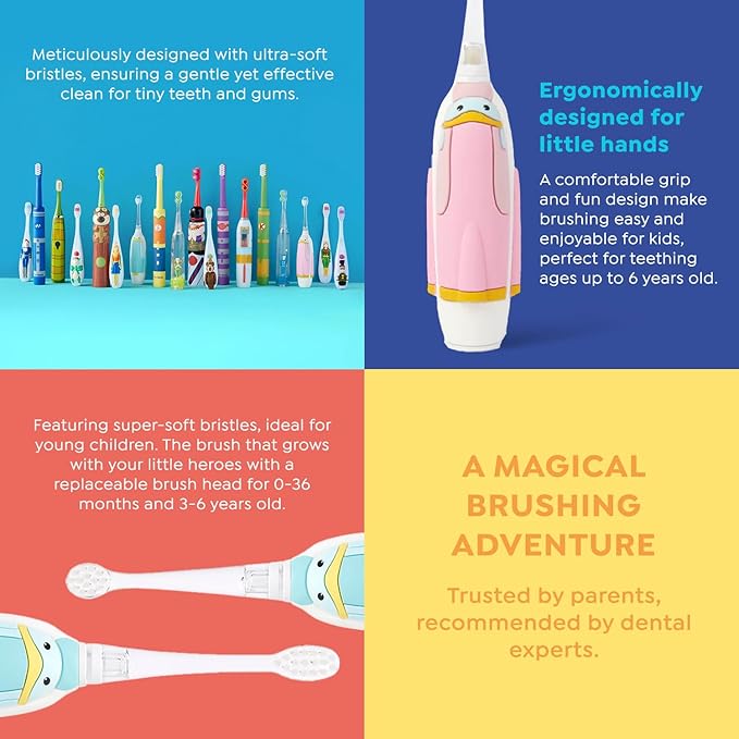 SuperMouth Turbo Twins Sonic Toothbrush – Battery-Powered, Soft Bristles, Flashlight to See Kids’ Mouth, Soothes Teething & Cleans Teeth for Ages 0-36 Months, Augmented Reality Sticker Included