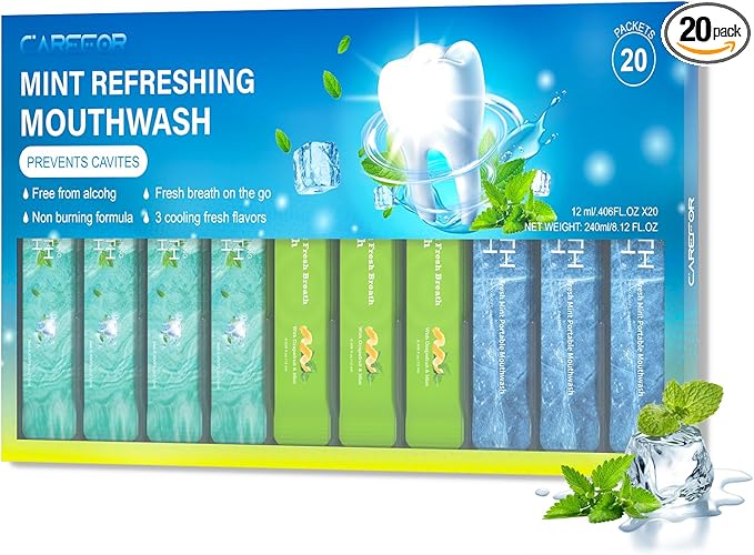 Travel Size Mouthwash Packets – Individual Mini, Alcohol & Fluoride Free, 3 Refreshing Flavors (Fresh Mint, ICY Mint, Grapefruit Mint) Fresh Oral Hygiene (20)