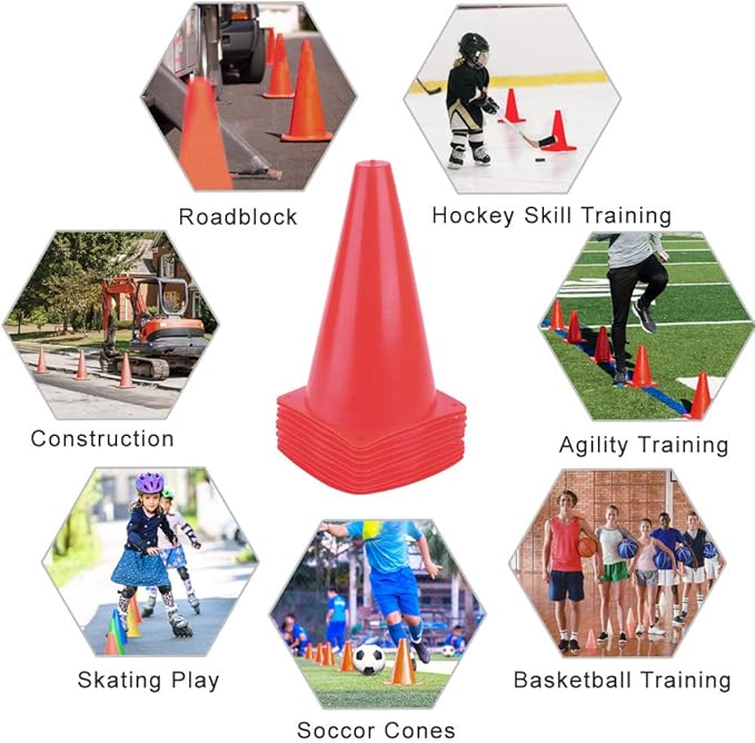 9 Inch Plastic Training Traffic Cones, Sport Cones, Agility Field Marker Cones for Soccer Basketball Football Drills Training, Outdoor Activity or Events - (Set of 10, 12, 15 or 24, 4 Colors)
