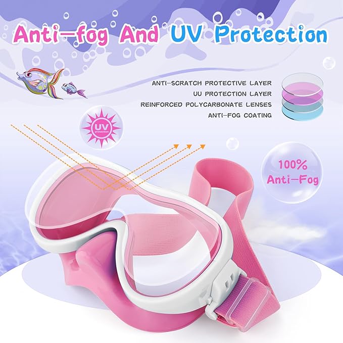 Kids Swim Goggles 180° Snorkel Diving Mask with Nose Cover, Anti-Fog Kids Swimming Goggles with Elastic Fabric Strap for Kids Boys Girls