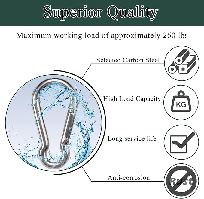 M6 Spring Snap Hook Carabiners, Carabiner Clip, Heavy Duty Galvanized Steel Spring Clip, Quick Link Key Chain for Swing Hammock Gym Outdoor, Holding Capacity