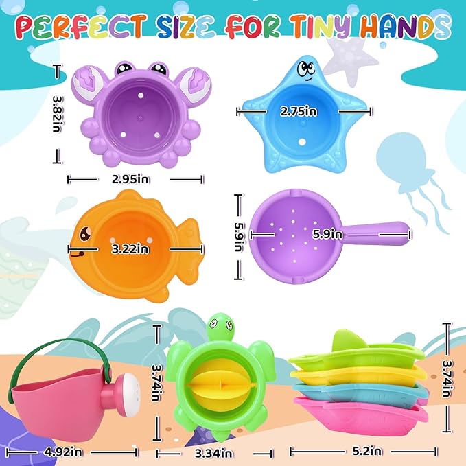 10 Pcs Bath Toys for Kids Ages 1-3, Bathtub & Pool Water Toys for Toddlers 1-3 & Babies 12-18 Months, Water Table Accessories with Floating Boats, Stacking Cups & Pouring Fun for Boys Girls