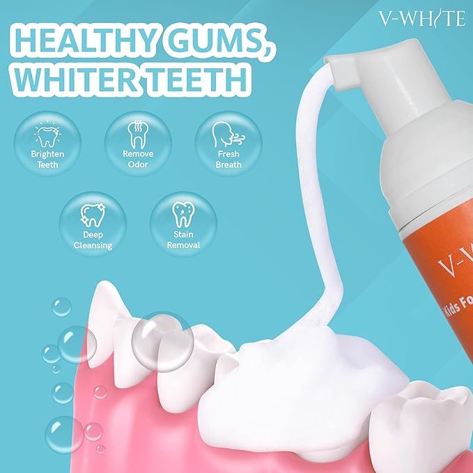 V-White Foam Teeth Whitening Toothpaste - Organic Toothpaste Fluoride Free, Alcohol Free, pH Balanced - Deep Cleansing, Stain Removal, Travel Friendly, for Kids & Adults (Large, Orange)