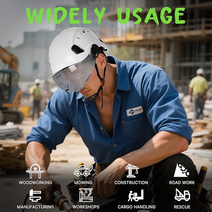 AOLAMEGS Construction Safety Hard Hat - ANSI Z89.1 Approved Safety Helmet with Visor & 50pcs Hard Hat Stickers Sliding Vented Hardhat for Men Women Adults Industrial Workwear Outdoor (Smoke Visor)