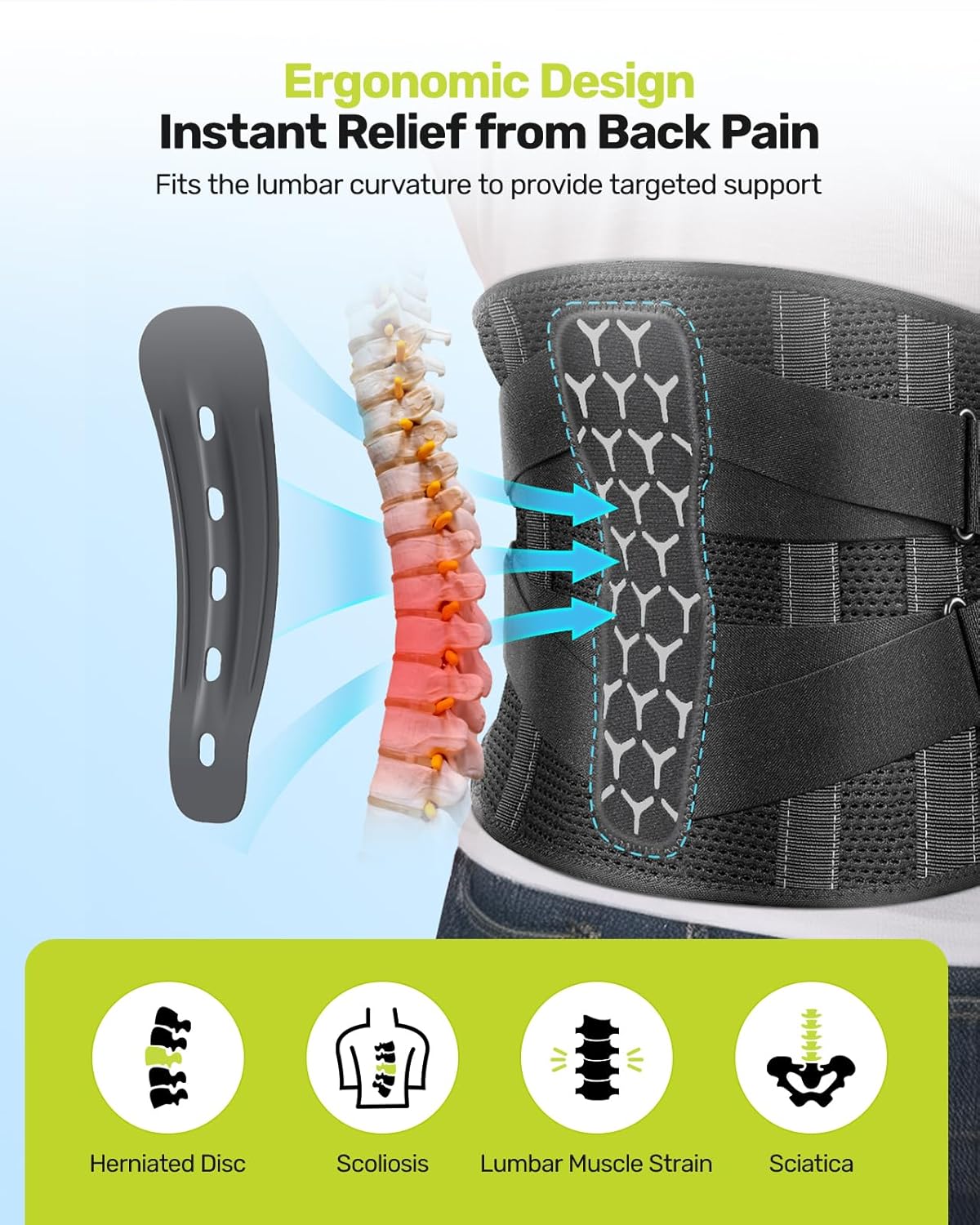 Lumbar Brace with Removable Pad, Adjustable Lower Back Pain Relief Support for Men and Women, Comfortable Support Belt Ideal for Lower Back Pain, Sciatica, Scoliosis, Gray Size XL (Waist: 45.3"-51.2")