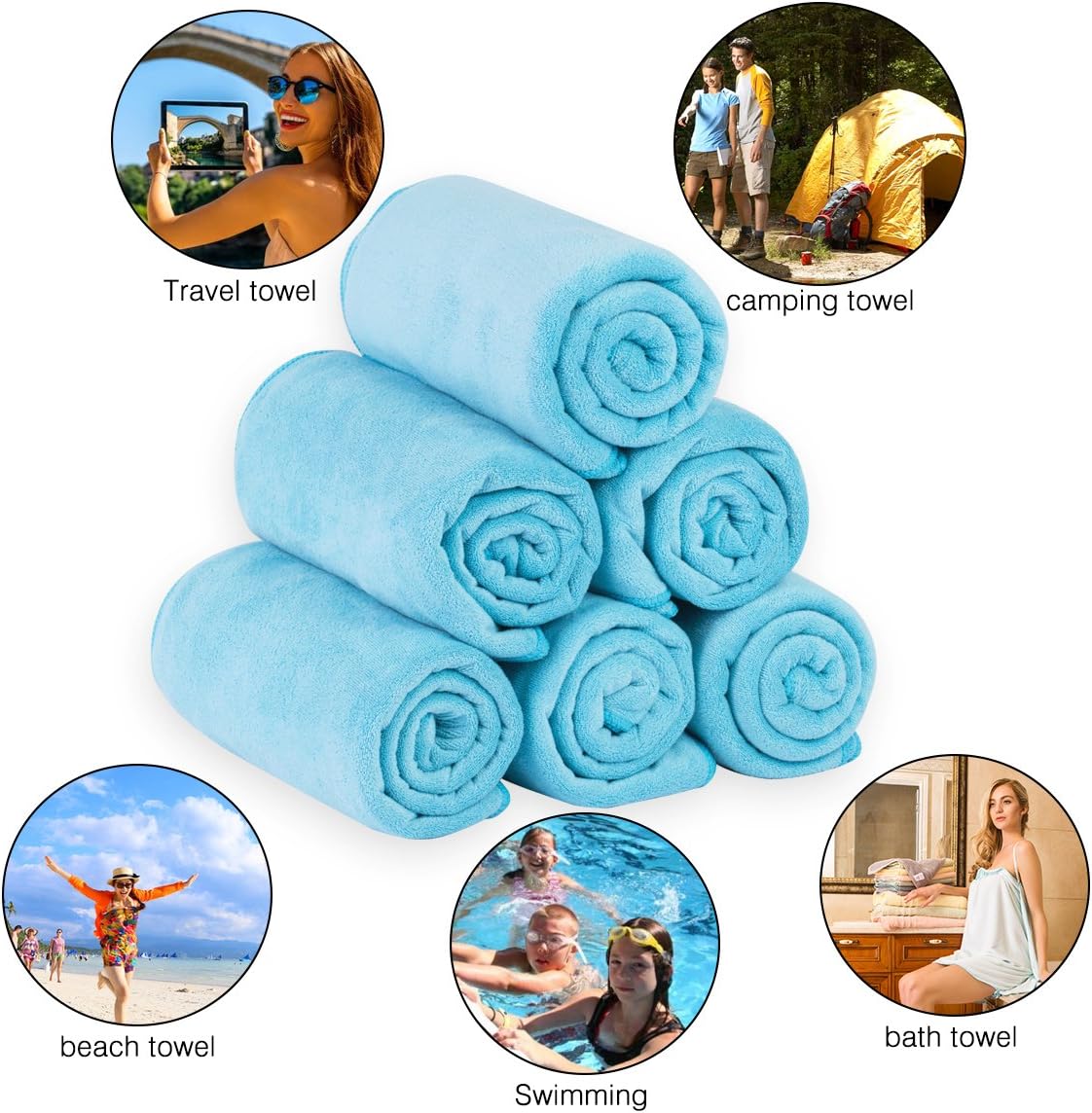 JML Microfiber Bath Towels, Bath Towel Set (6 Pack, 27" x 55") - Extra Absorbent and Fast Drying,Multipurpose Microfiber Towel for Bath, Beach, Pool, Sports, Yoga - Sky Blue