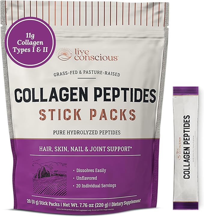 Live Conscious Collagen Peptides Powder Unflavored Packets - Hydrolyzed Collagen Powder - Hair, Skin, Nail, & Joint Support - Type I & III Grass-Fed Collagen Supplements for Women and Men - Pack of 20