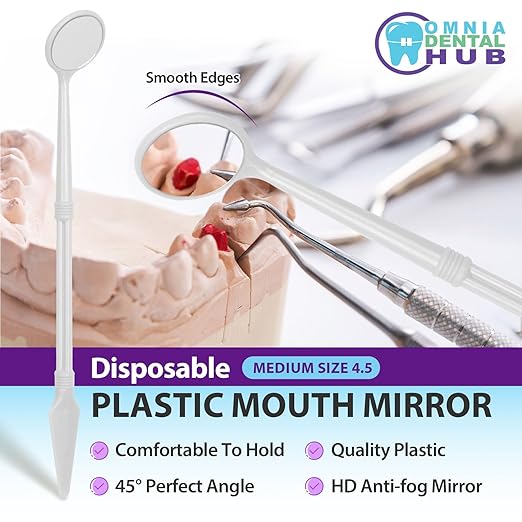 100 PCs Dental Grade Disposable Dental Mouth Mirrors with Spatula Handle by Omnia ONE | Fog-Free, Dual-Purpose Design – Clear Visibility & Tongue Retraction – Ideal for Exams & Procedures