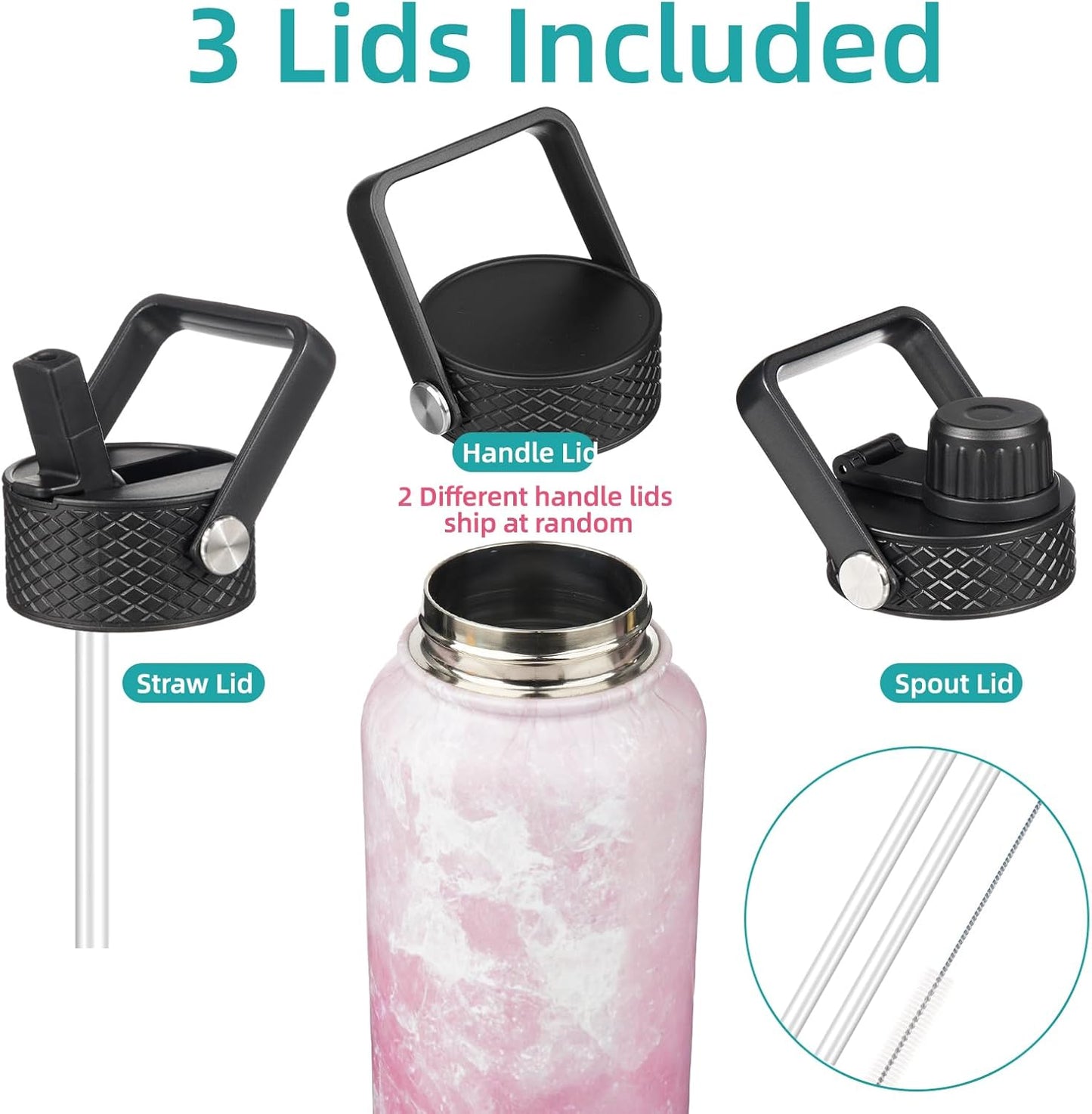 18 oz Insulated Water Bottle Stainless Steel Sport Bottles with 3 Lids,Marble Blossom