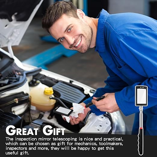 1 Pcs Telescoping Inspection Mirror Mechanics Automotive Tool with Long Handle Extendable Mirror on a Stick for Technicians Mechanics Contractors Checking Observation (Black,Square with Light)