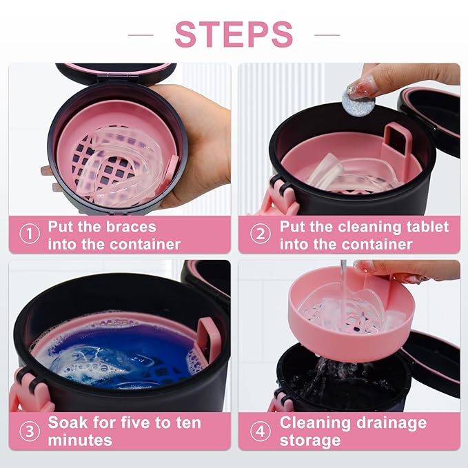 BVN Leak-Proof Denture Bath Cup for Travel, Denture Cup for Soak Dentures, Retainer Cleaning Case with Strainer (Black + Pink)