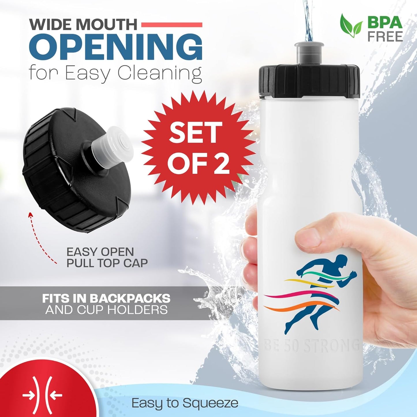 50 Strong Sports Water Bottles – Reusable 22 oz BPA-Free Plastic Bottles with Pull Top Cap – Made in USA – Top Rack Dishwasher Safe – Fits Most Bike Cages Brand