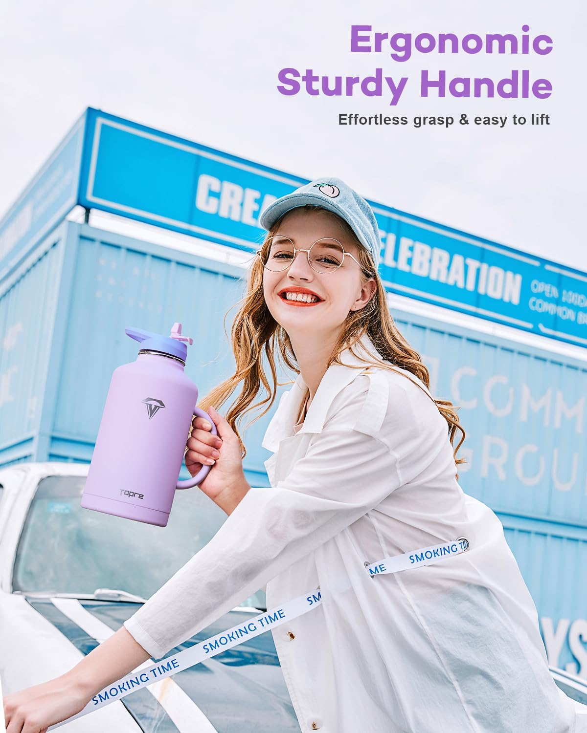 64 oz Water Bottle Insulated with Handle and Carry Pouch, Half Gallon Stainless Steel Water Bottles Mug with Straw Lid Spout Lid,Reusable Metal Tumbler Jug Flask Cup,Keep Cold & Hot,Purple